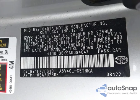 2010 Toyota Camry Le z USA, uszkodzony, nr VIN 4T1BF3EK9AU094047